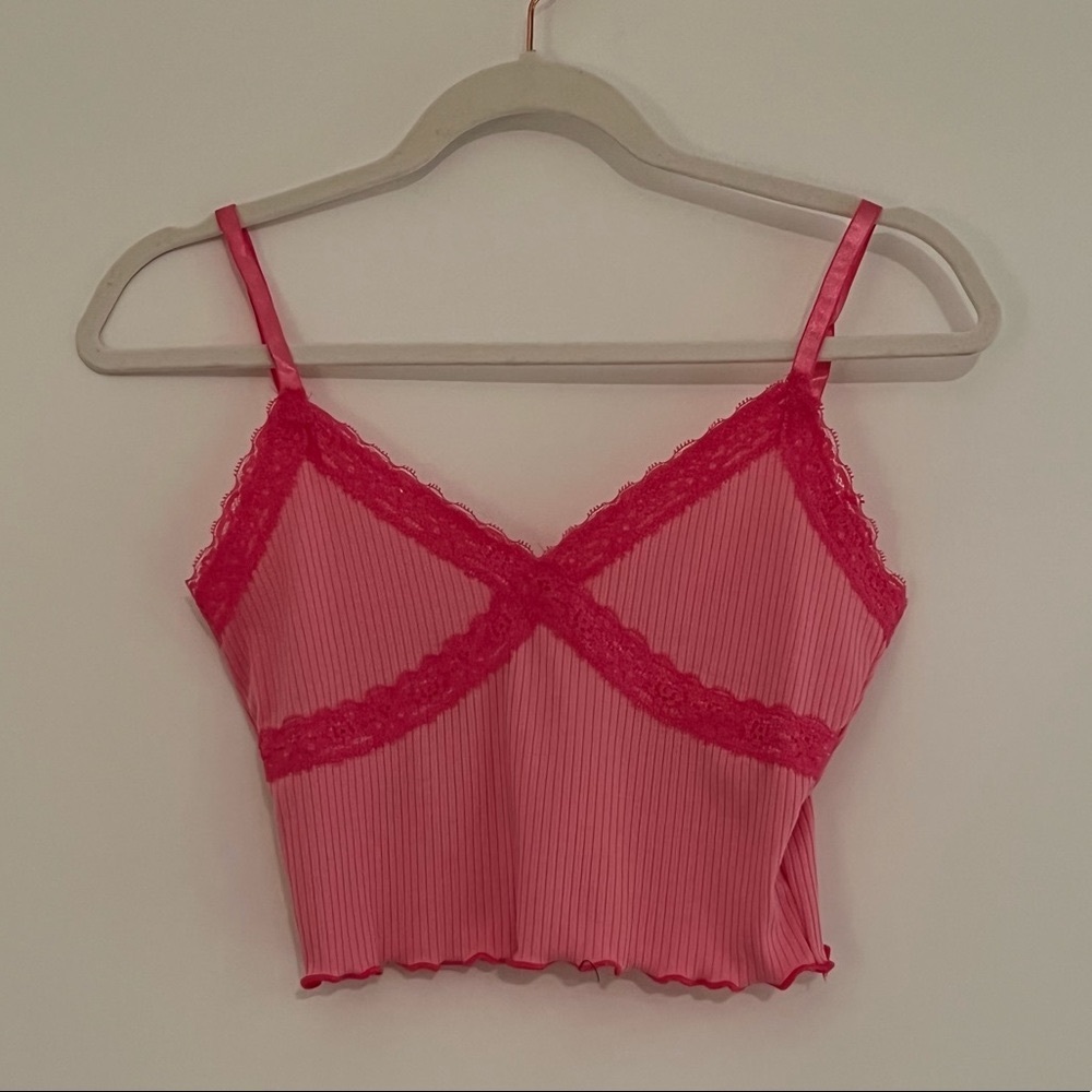 Pink Criss Cross Lace Tank Top